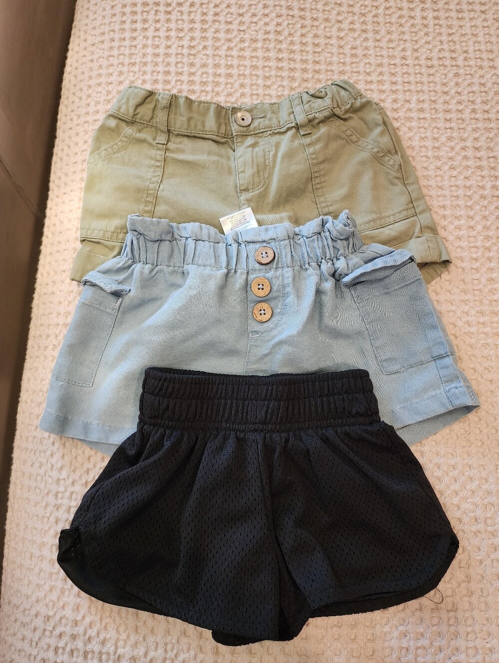 Trio of Girls' Shorts - Olive, Light Blue, Black
